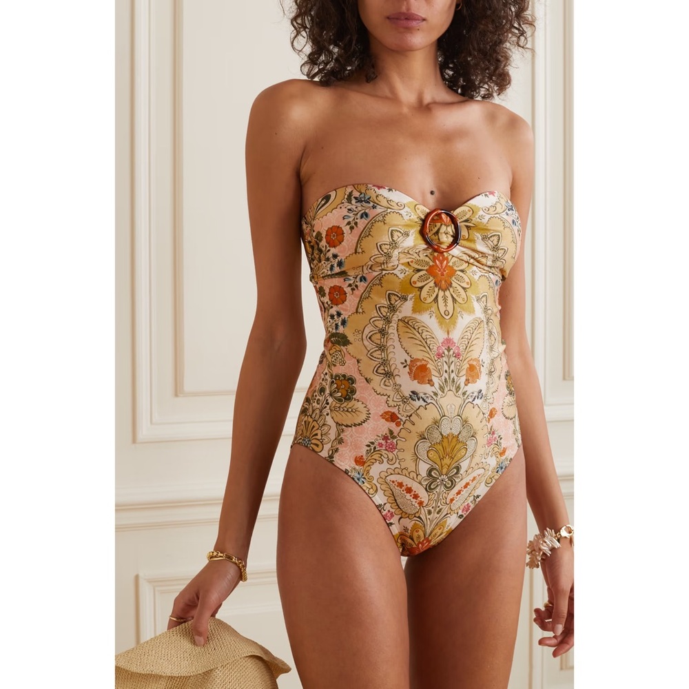 Zimmermann Scarf-Print Strapless One Piece Swimsuit